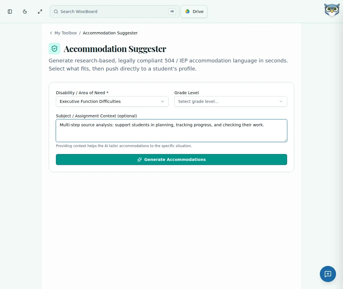 WiseBoard Accommodation Suggester with classroom support ideas