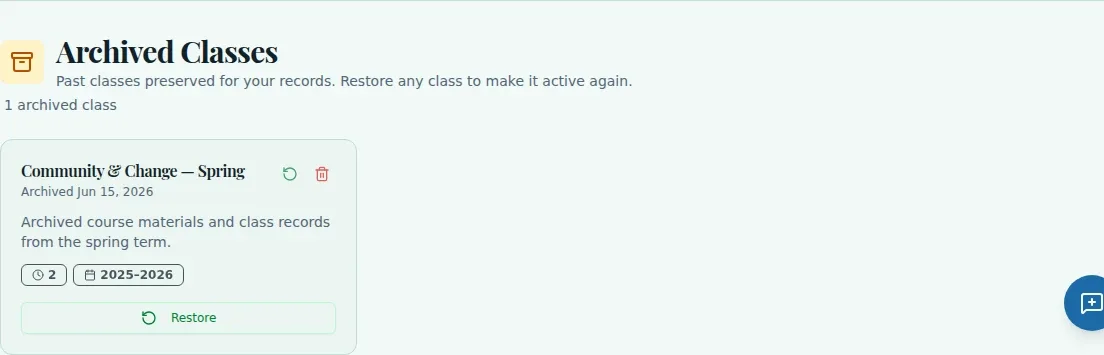 WiseBoard Archived Classes page with a preserved class and restore action