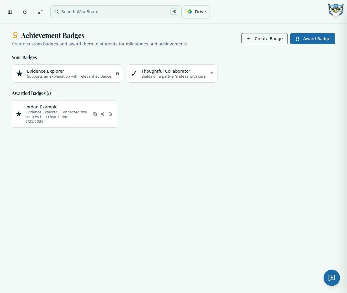 WiseBoard Achievement Badges page with badge recognition options