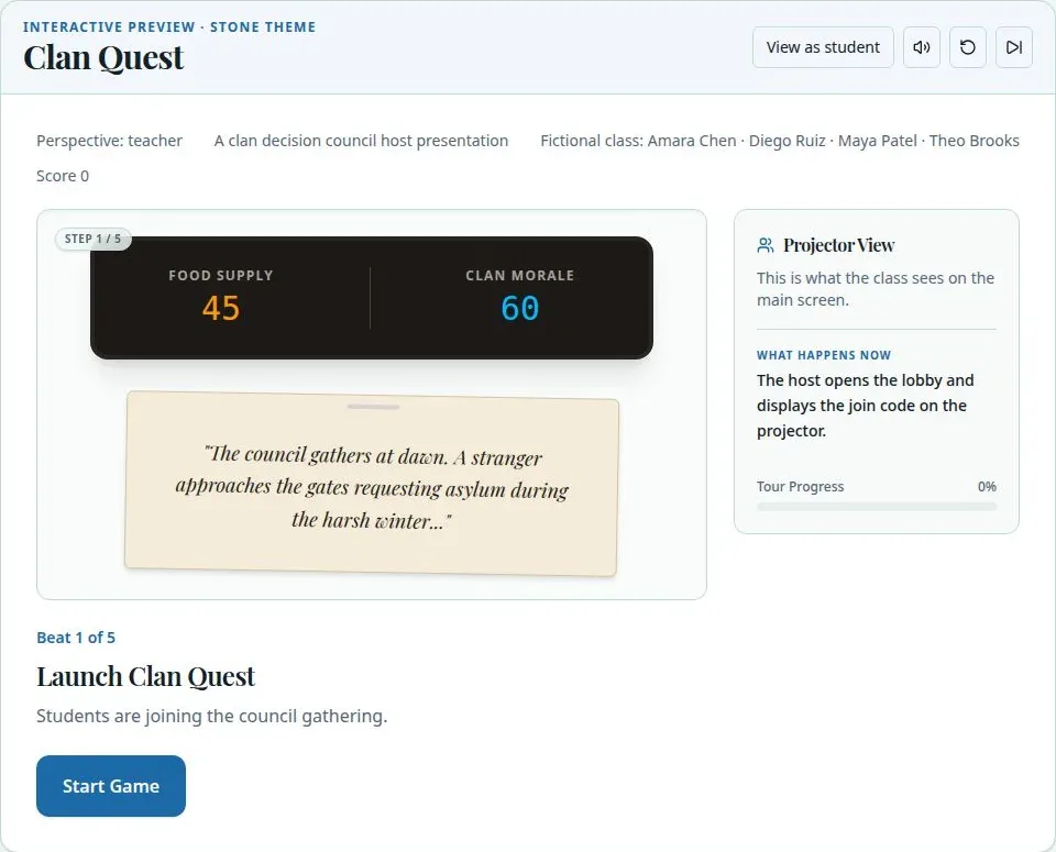 Clan Quest teacher preview showing the projector view and current decision step