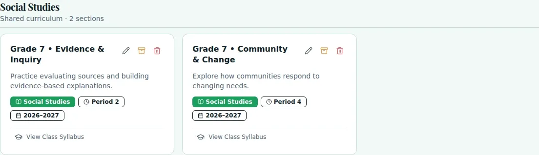 WiseBoard Current Classes page with active class cards