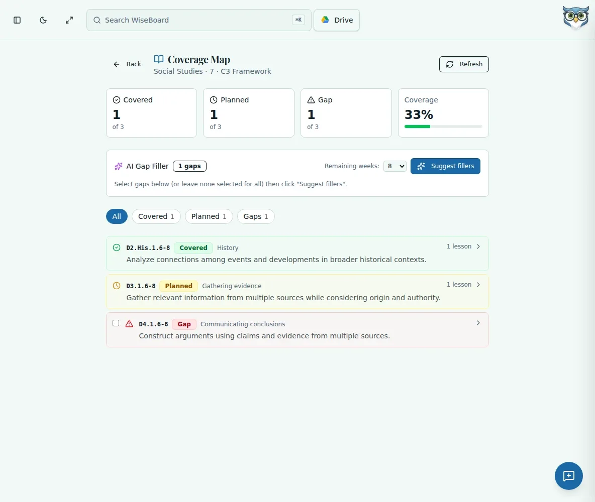WiseBoard class Coverage Map with standards and linked lessons