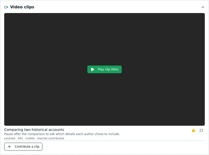WiseBoard lesson Video Clips panel with short concept-related clip cards