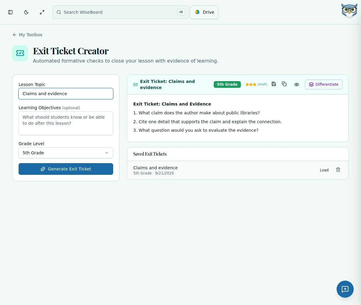 WiseBoard Exit Tickets tool with lesson context and draft controls