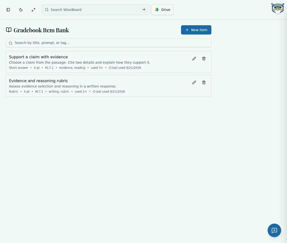 WiseBoard Gradebook Item Bank with reusable assessment prompts