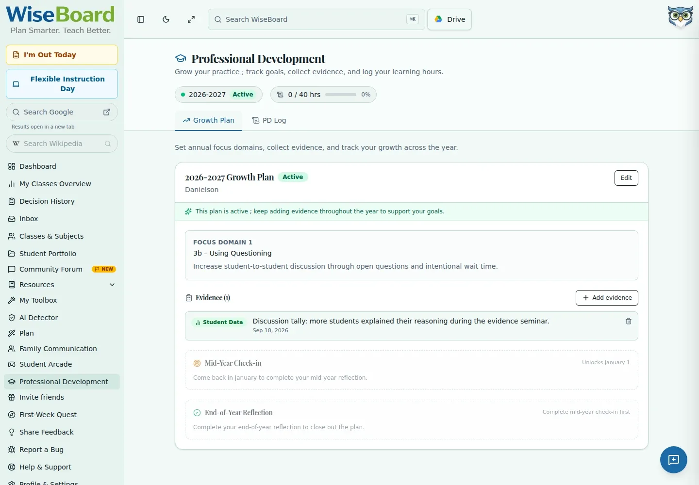 WiseBoard Growth Plans teacher professional-development workspace
