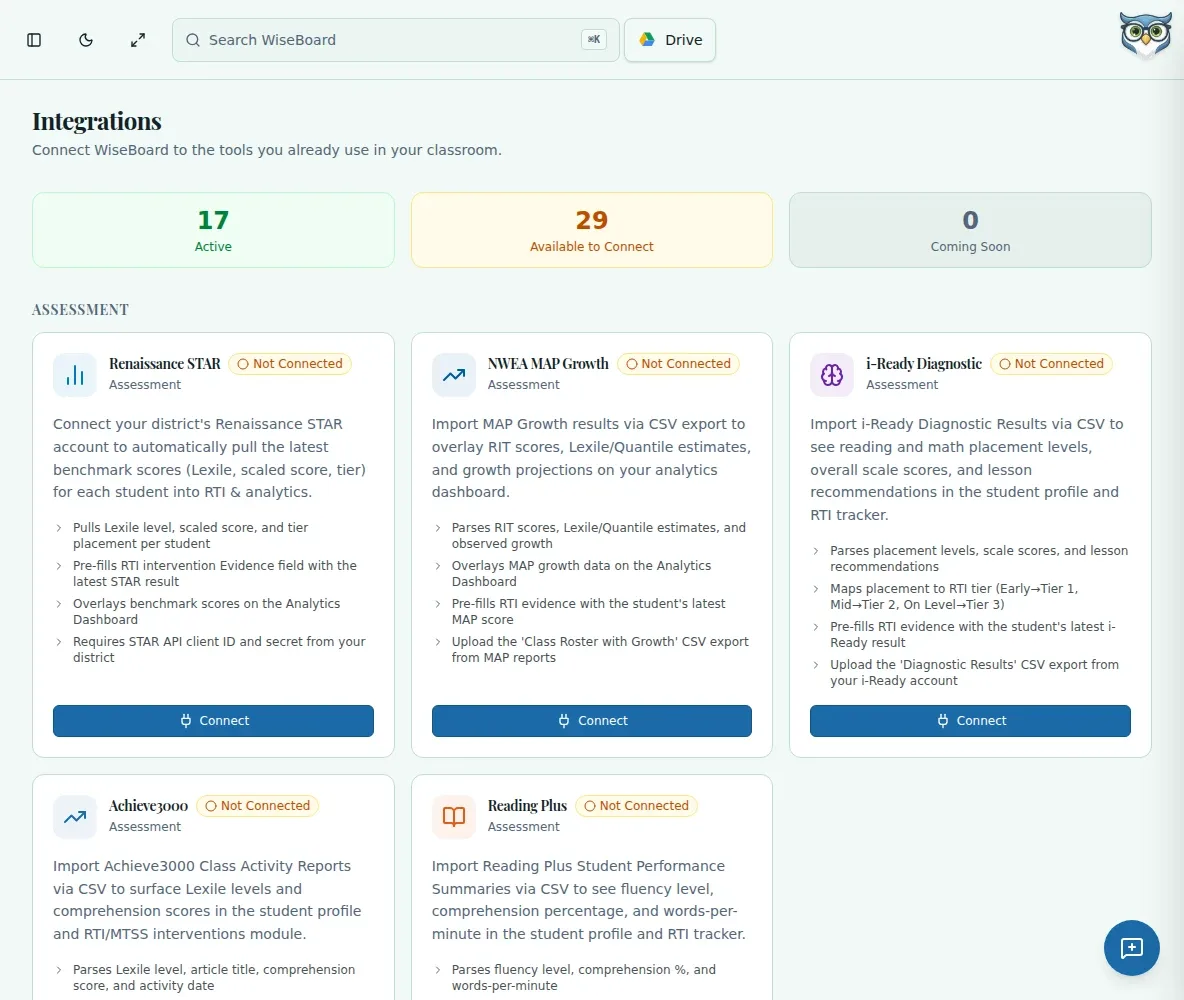 WiseBoard Integrations page showing available service connection cards