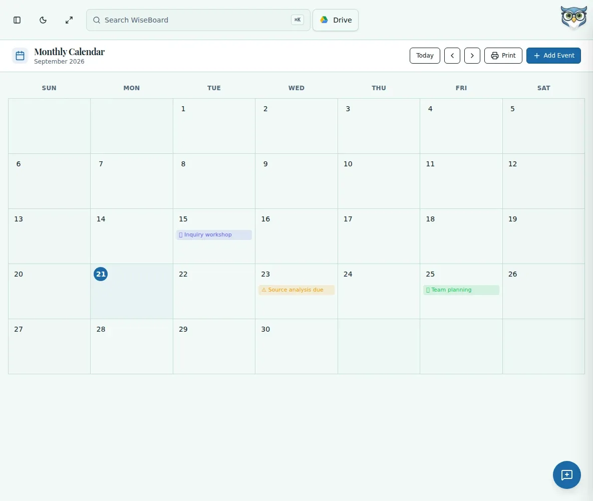 WiseBoard Monthly Calendar showing saved events on calendar dates