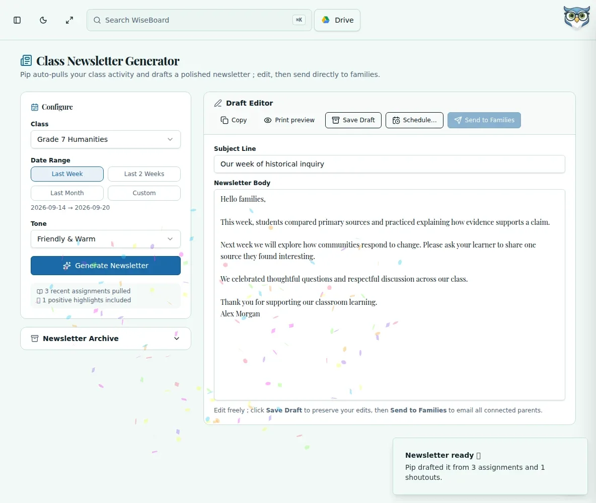 WiseBoard Newsletter Generator with class newsletter draft controls