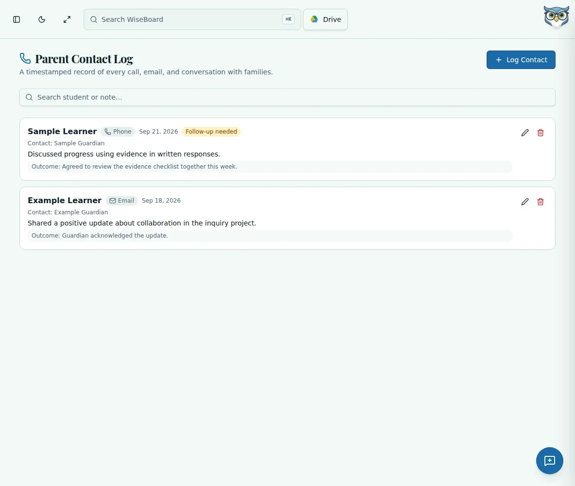 WiseBoard Parent Contact Log with teacher-entered family contact records