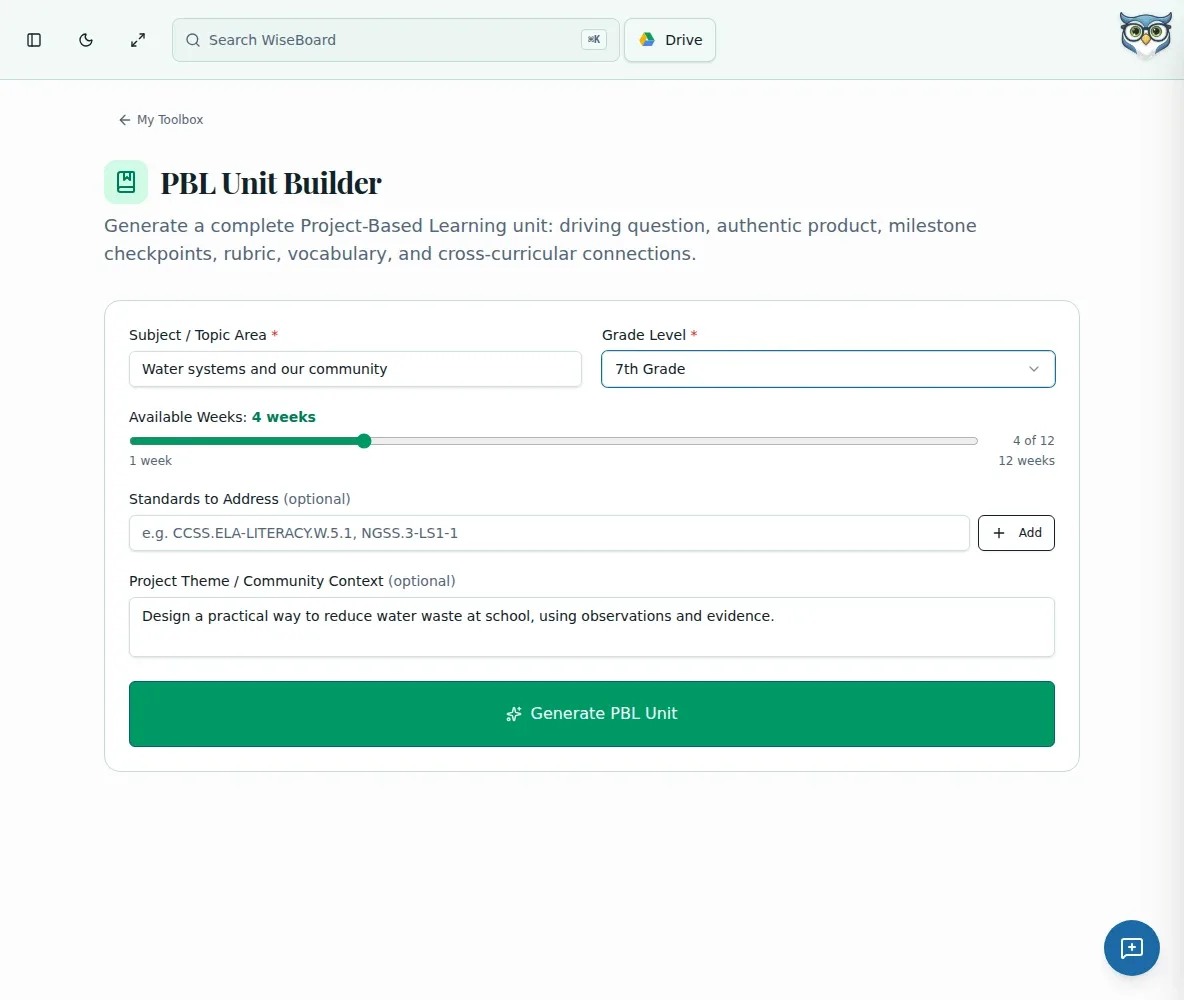 WiseBoard PBL Unit Builder with project question and milestones