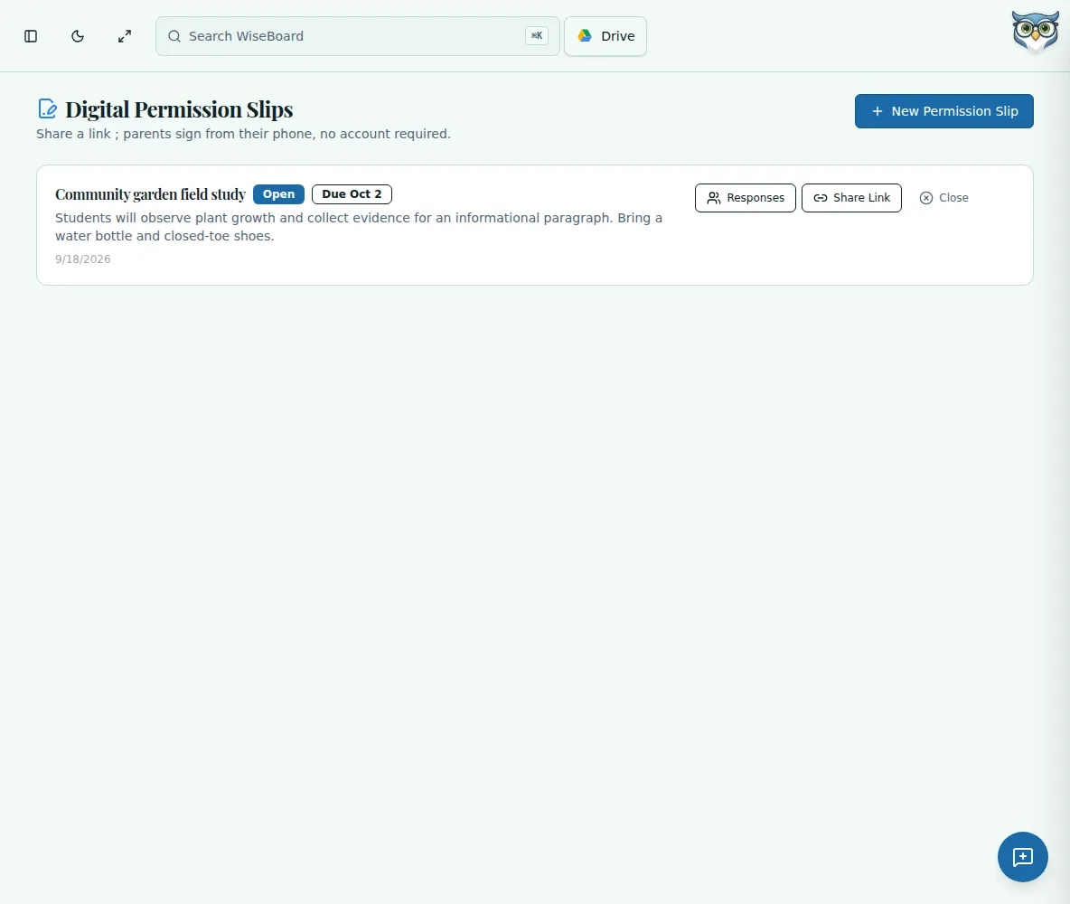 WiseBoard Digital Permission Slips with an open trip record and response controls