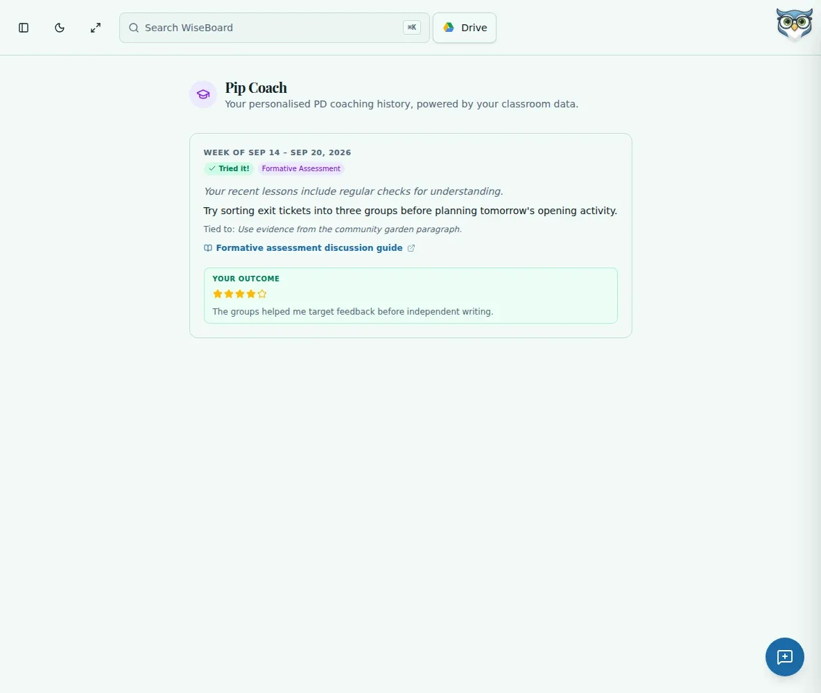 Pip assistant workspace used for teacher planning support