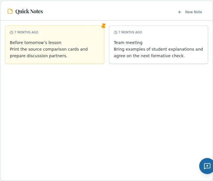 WiseBoard Quick Notes card for teacher reminders