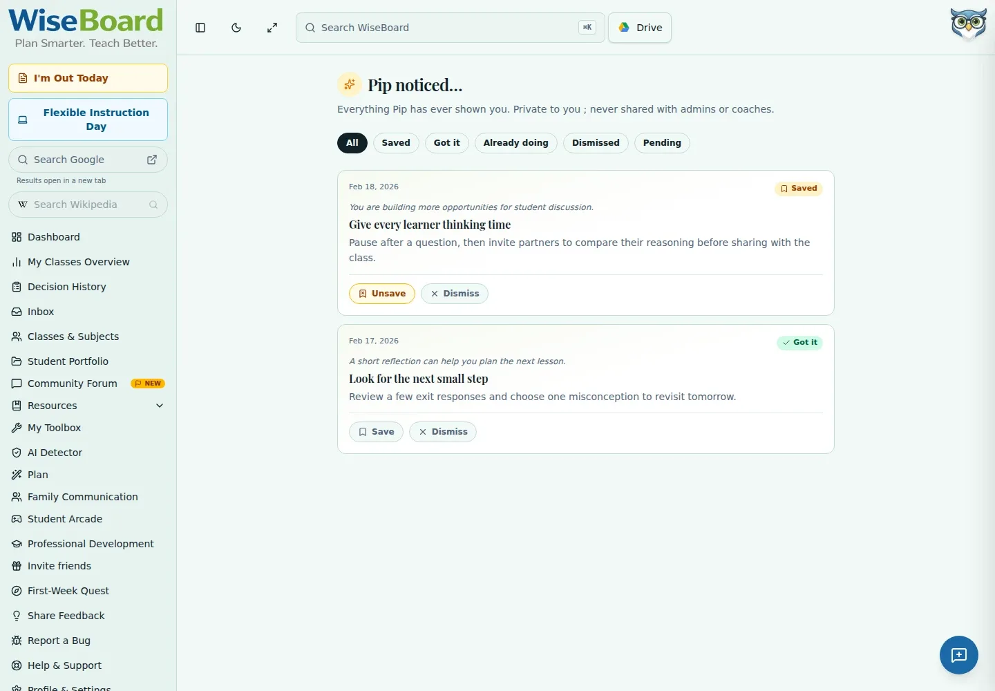 WiseBoard Pip Notes History with coaching cards and status filters
