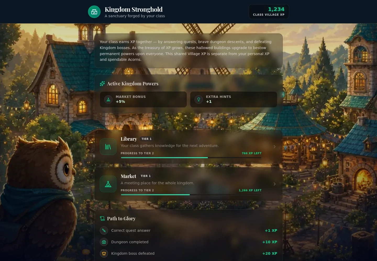 Pip's Kingdom Stronghold view showing shared class village XP, active powers and building progress