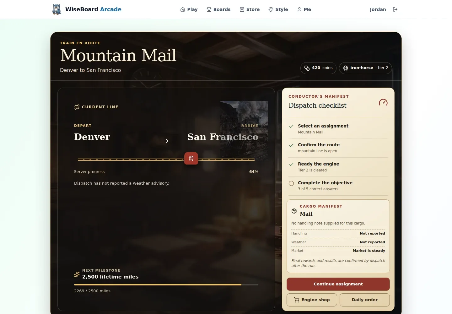 WiseBoard Pip's Railroad teacher page with class progress and quest settings
