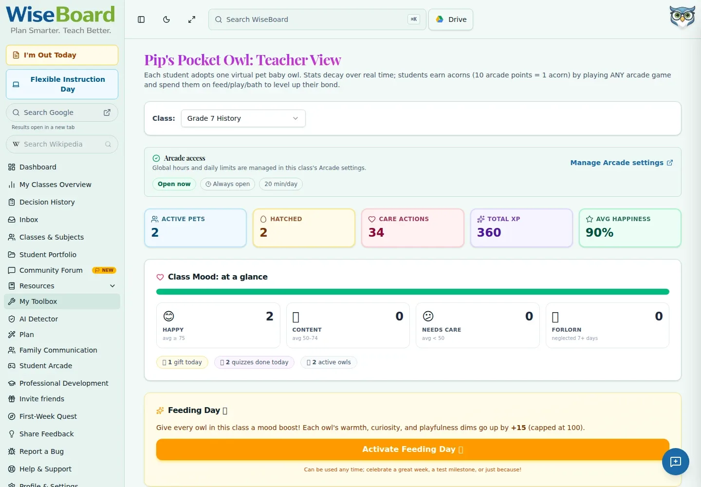 WiseBoard Pocket Owl teacher overview of student companion activity and progress