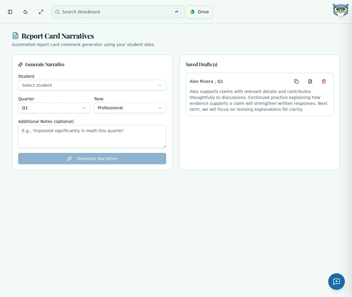 WiseBoard Report Card Narratives workspace for selecting a student and reviewing comments