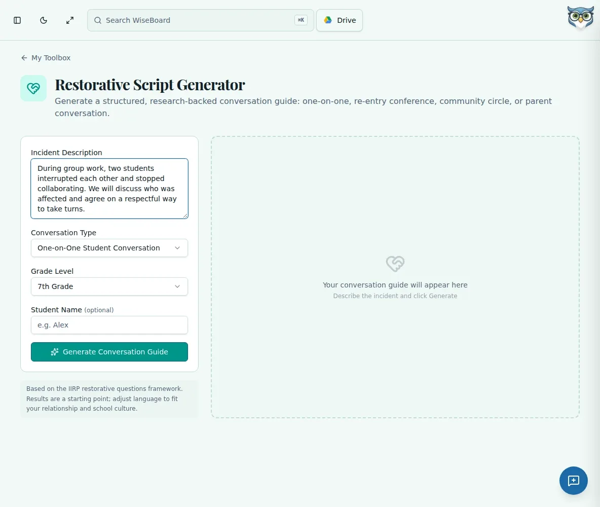 WiseBoard Restorative Script Tool with conversation format choices