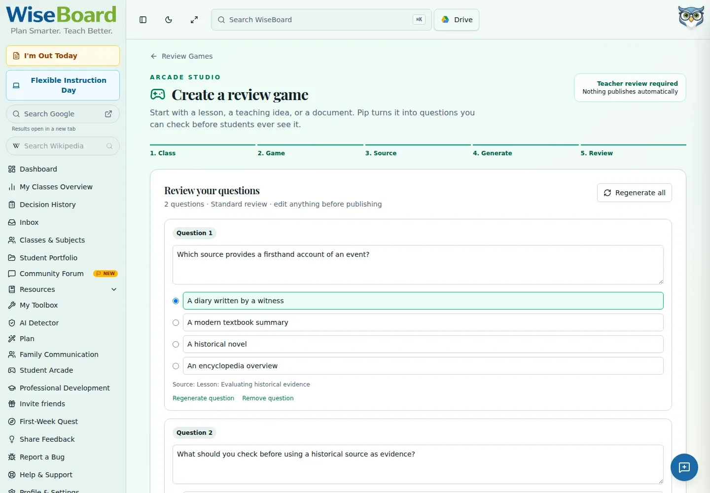 WiseBoard review-game creator for building question sets
