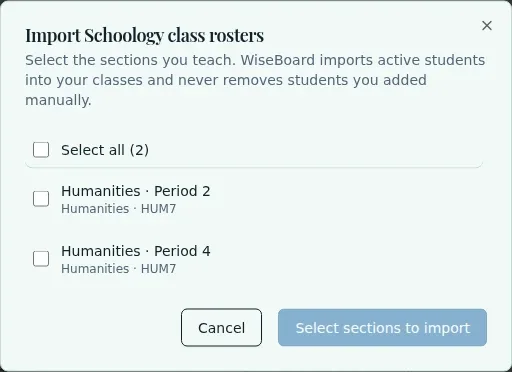 WiseBoard Schoology roster import workspace