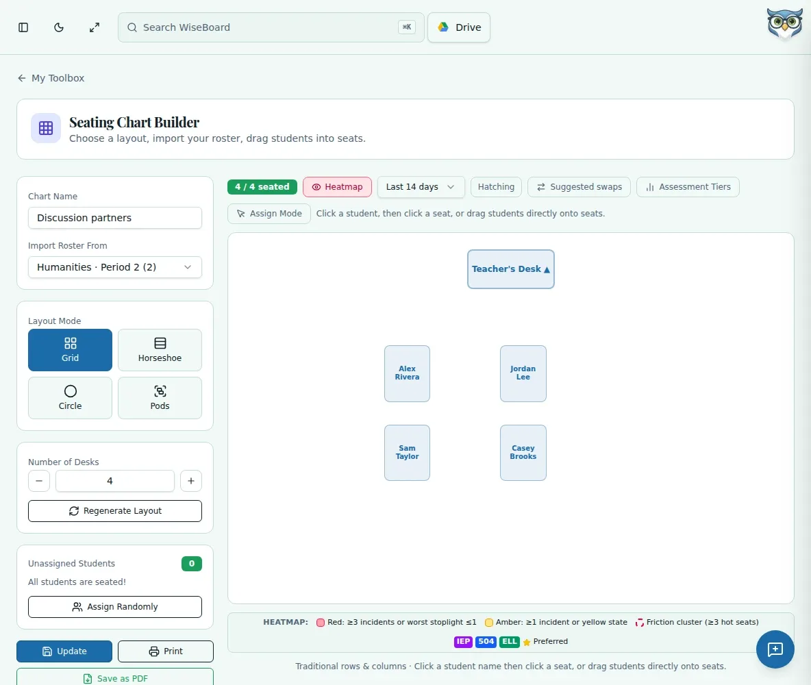 WiseBoard Seating Chart Builder with classroom seating positions