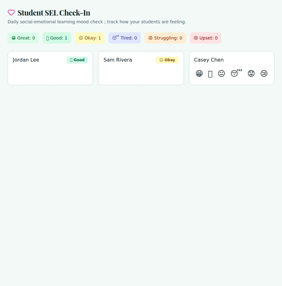 WiseBoard SEL Check-In page with class mood check-in controls