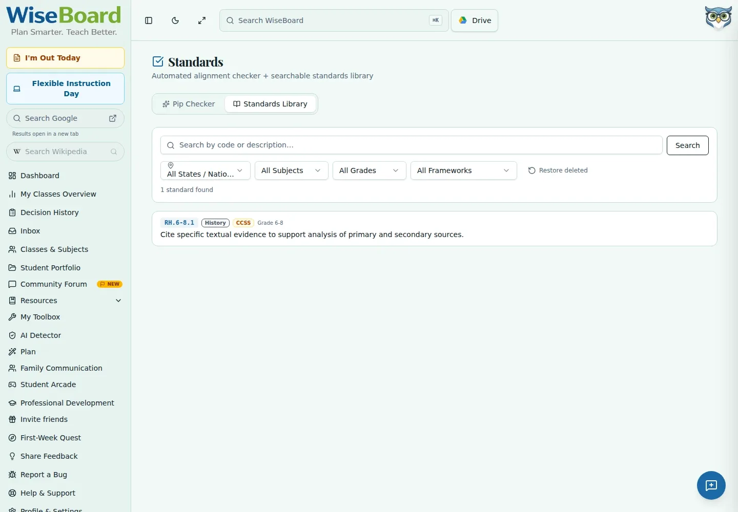 WiseBoard Standards page with searchable standards and framework filters