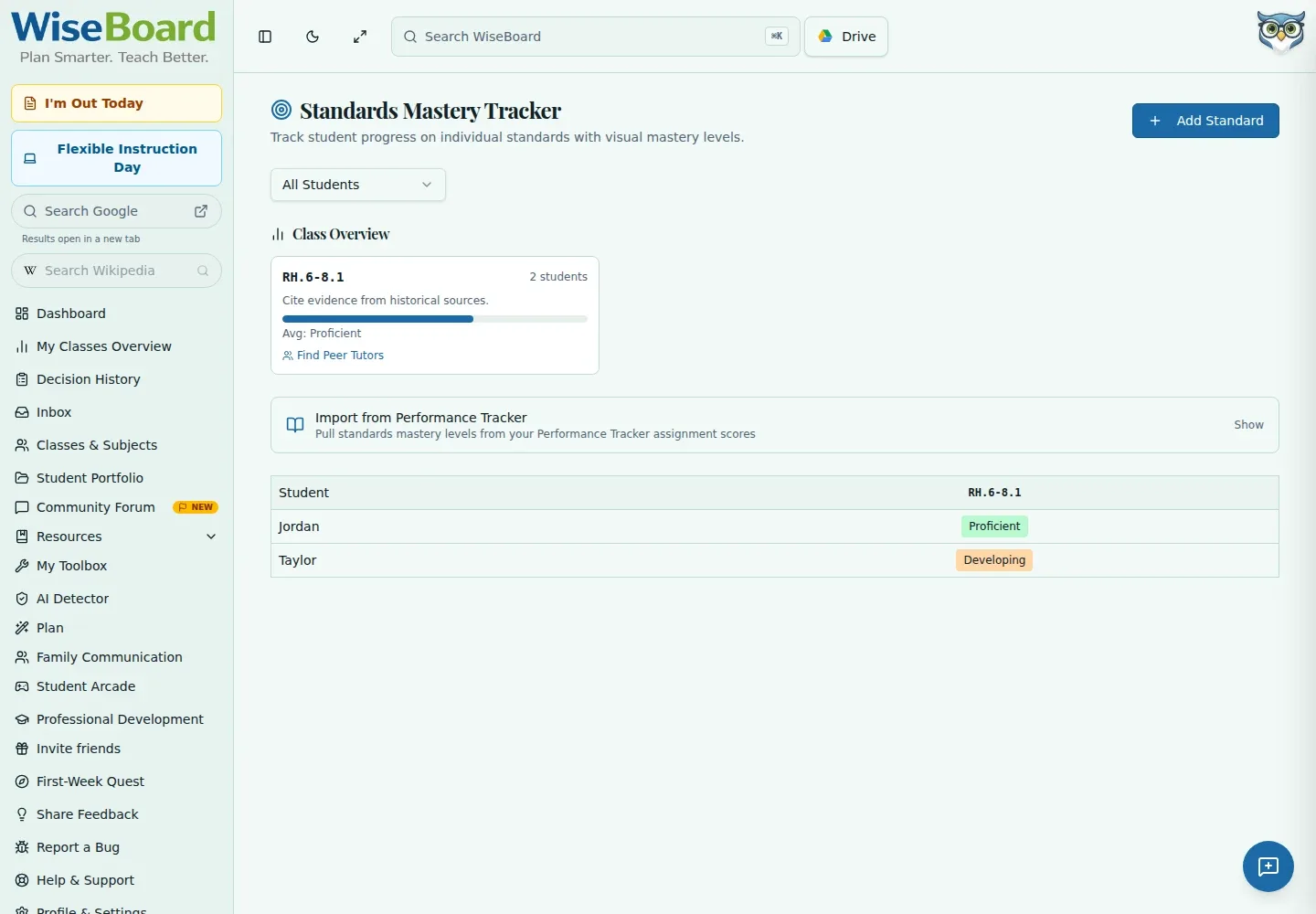 WiseBoard Standards Mastery Tracker with student progress by standard