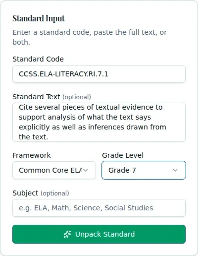 WiseBoard Standards Unpacker with draft learning goals and success criteria