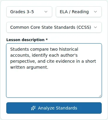 WiseBoard Standards Checker with lesson input and suggested standards alignment results