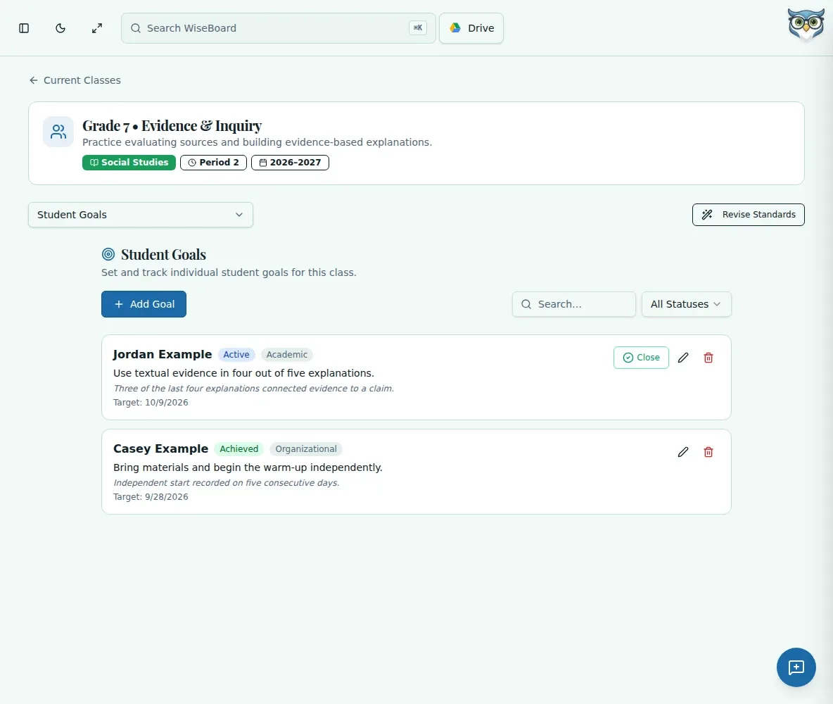 WiseBoard Student Goals view with student goal records