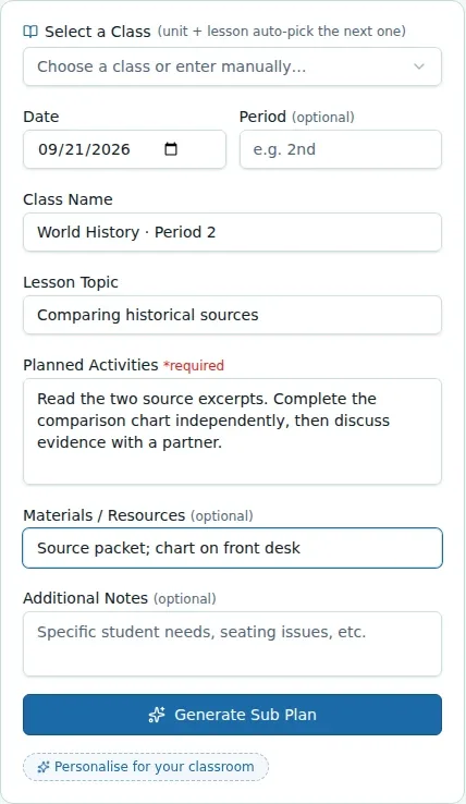 WiseBoard Sub Plan workspace for preparing substitute teacher instructions