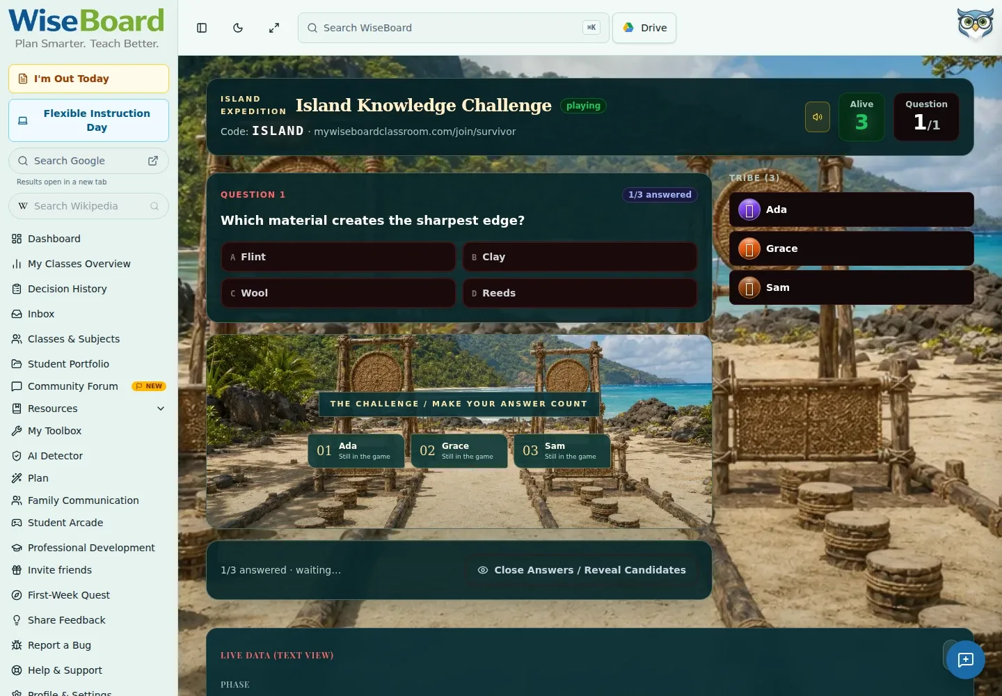 WiseBoard Survivor teacher-launched classroom review game