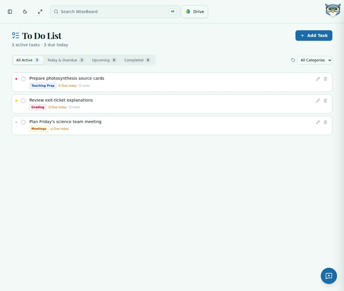 WiseBoard teacher To Do List with tasks, due dates and priority