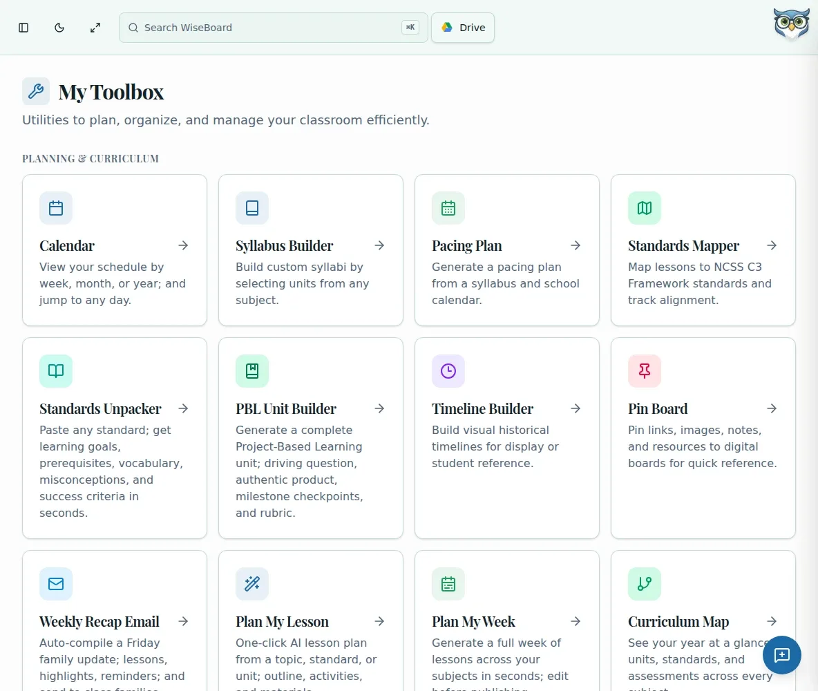 WiseBoard My Toolbox page displaying available teacher tools