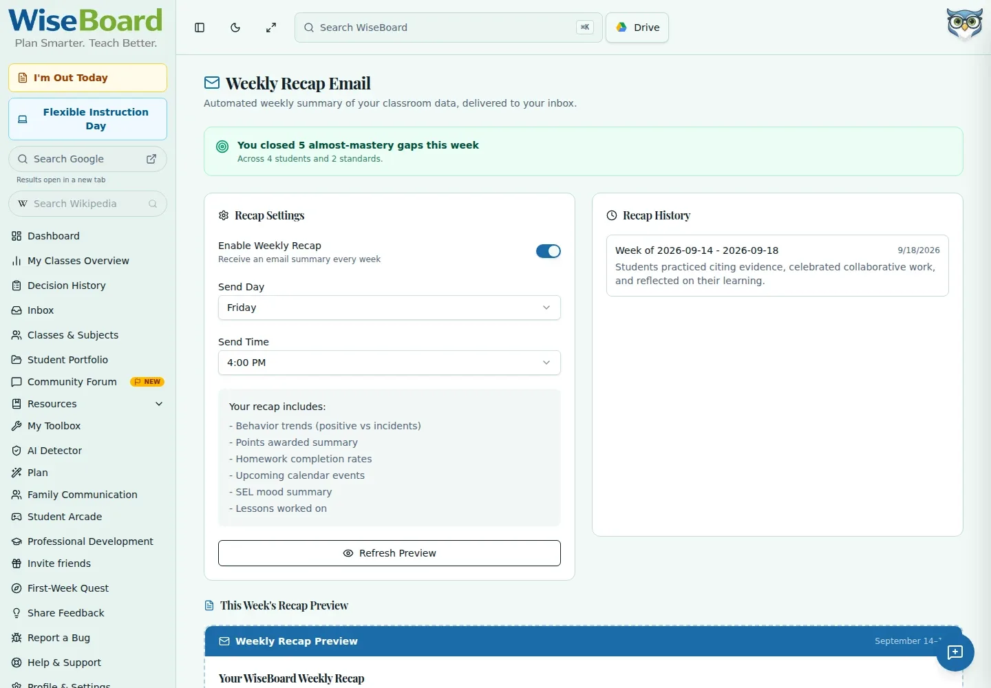 WiseBoard Weekly Recap Email page with preview and schedule settings