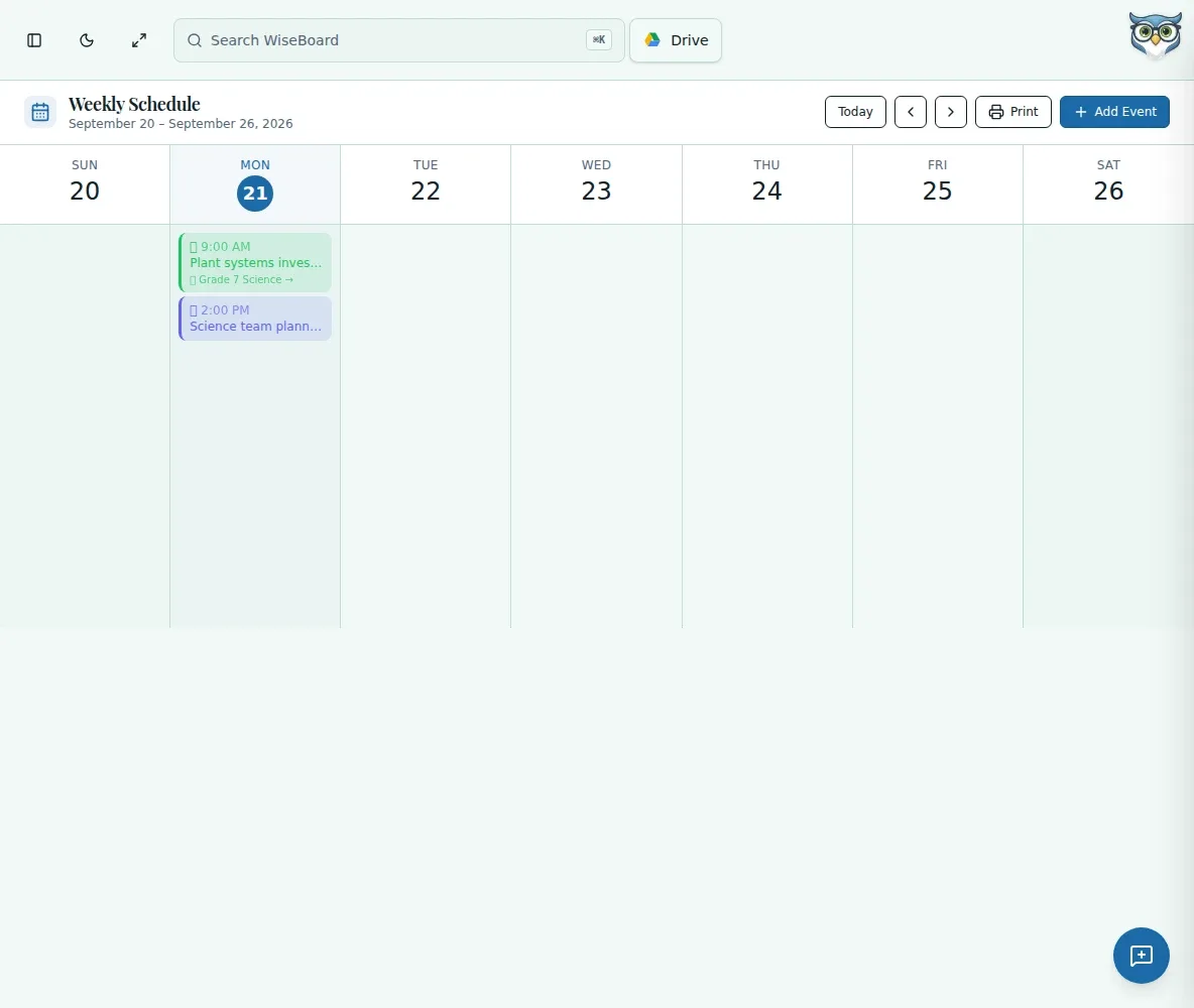 WiseBoard Weekly Schedule calendar with dated events