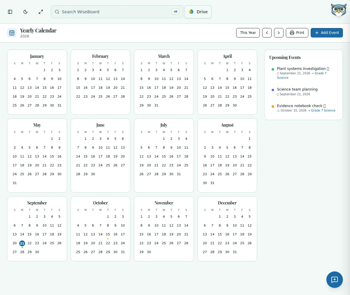 WiseBoard Yearly Calendar with monthly grids and an upcoming events list